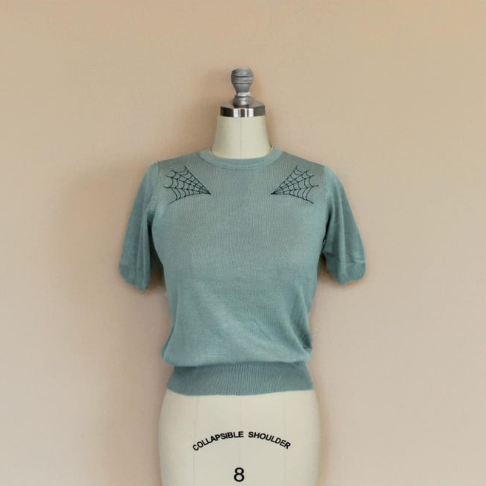 Vintage Inspired Pastel Sage Spiderweb Knit Blouse | Retro Witchy Top XS-XL